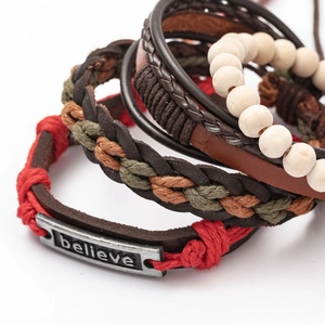 Multi-layer woven leather bracelet set with wooden beads and 'believe' engraved metal plate