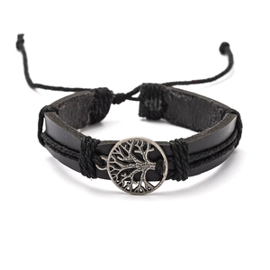 Handmade woven black leather tree of life charm bracelet with adjustable cord closure