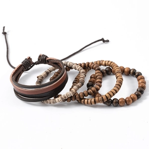 Men's retro multi-layer leather bracelet set with colorful coconut shell wood beads