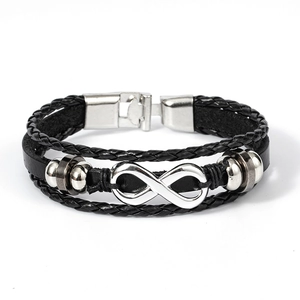 Multilayer black woven leather bracelet with silver infinity symbol and magnetic clasp