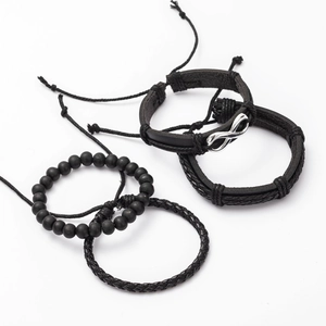4-piece set of black leather and beaded bracelets with silver infinity charm for men