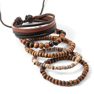 Five-piece set of men's vintage brown leather and coconut shell beaded bracelets