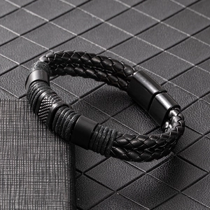 Men's double-layered black braided leather bracelet with textured magnetic metal clasp