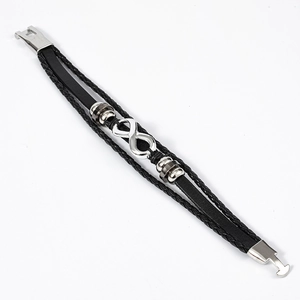 Punk multilayer black braided leather infinity bracelet with silver metal buckle