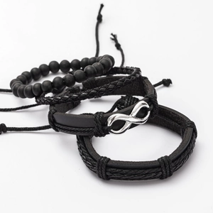 Men's retro 4-piece multilayer leather bracelet set with silver infinity symbol and matte beads
