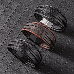 Men Stylish Multilayer Braided Leather Bracelet With Alloy Magnetic Buckle Vintage Punk Handwoven Wristband Jewelry For Men