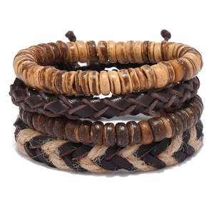 Ensemble de bracelets bohèmes pour hommes en cuir tressé et perles de bois