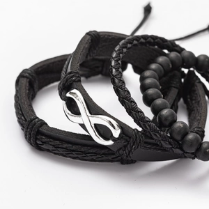Men's multilayer black leather bracelet set with infinity symbol and matte beads