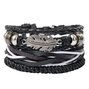 Vintage Punk Multi Layer Braided Leather Bracelet With Alloy Feather Charm Retro Cowhide Cord Adjustable Wristband Men Women Jewelry