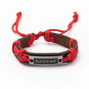 Braided leather bracelet for men featuring a vintage metal plate with 'Believe' engraving