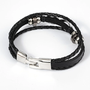 Multi-layer black braided leather punk bracelet with silver beads and metal buckle