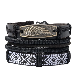 Vintage Multi-Layer Braided Leather Bracelet Set For Men Women Handmade Bohemian Wing Alloy Metal Charm Adjust Wrap Wristband Jewelry