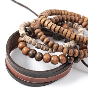 Multilayer bohemian set with natural coconut shell wood beads and brown leather cord bracelets