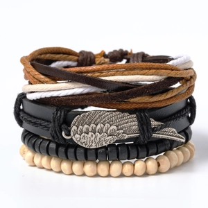 Multilayer braided leather bracelet set with wing charm and wooden beads for men and women