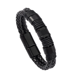 Men's double-layered black woven leather bracelet with matte magnetic clasp and metal rings