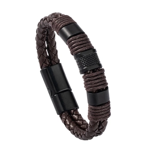 Double-layer braided brown PU leather bracelet with black matte magnetic clasp for men