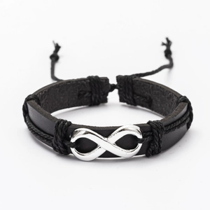 Mens punk multi-layer black leather bracelet with infinity symbol and adjustable cord