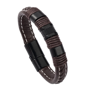 Men's vintage braided leather bracelet with white stitching and black magnetic clasp