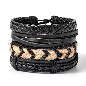 Men Woven Leather Bracelet Set Multilayer Cowhide PU Leather Hemp Rope Minimalist Punk Jewelry Adjustable Wristband Gift