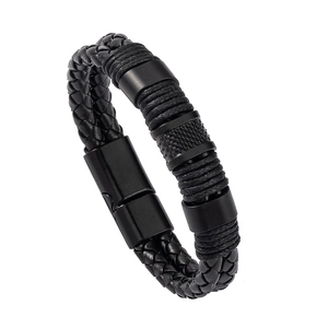 Men's double-layer black braided leather bracelet with magnetic clasp and metal accents