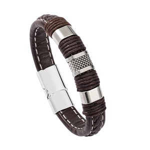 Men's retro braided brown leather bracelet with silver textured metal rings and magnetic clasp