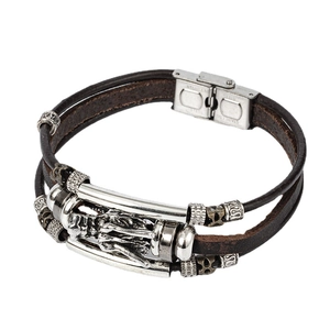 Bracelet pour homme en cuir tressé multicouche avec breloque totem dragon en acier