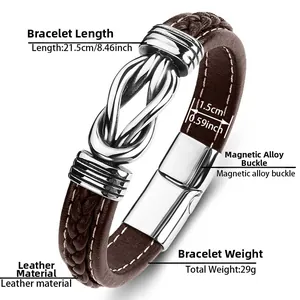Detailed specs of men's leather woven bracelet with silver magnetic clasp and dimensions
