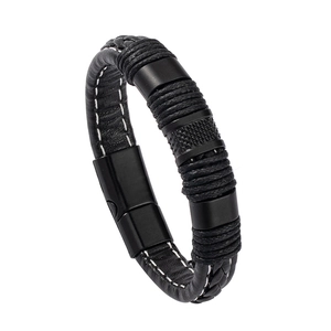 Men's black woven leather bracelet with contrast stitching and magnetic metal clasp