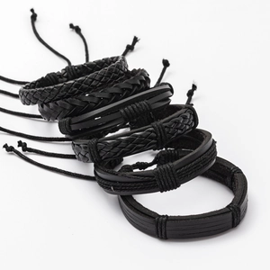 Detail of 6-piece black braided leather bracelet set with adjustable drawstring cord