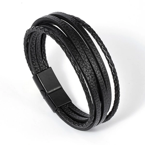 Minimalist multi-layer woven black leather bracelet for men with matte magnetic clasp