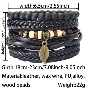 Detailed view of layered leather bracelet with bronze leaf charm and wooden beads