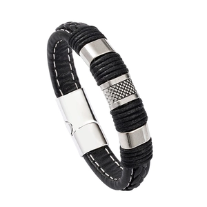 Men's multilayer black braided leather bracelet with silver magnetic clasp and steel rings