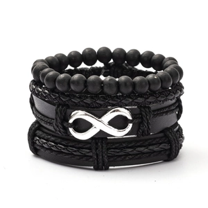 Men's Vintage Leather Infinity Charm Multi-Layer Bracelet Black Alloy Beaded Woven Adjustable Fashion Wristband Jewelry