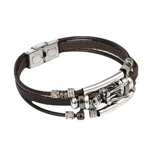 Bracelet en cuir punk pour homme avec breloques tête de dragon et crâne en acier inoxydable