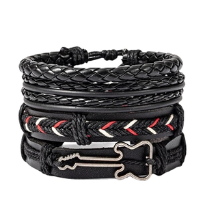 Rock Hip Hop Woven Leather Bracelet Set For Men Women Adjustable Cowhide Hand Rope Jewelry With Guitar Charm Punk Style Accessory