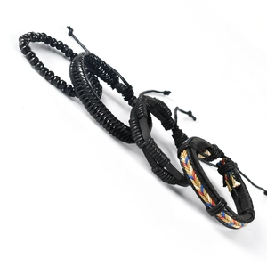 Men's retro black layered leather bracelet set with woven beads and punk style charms