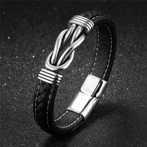 Men's braided leather bracelet with vintage silver knot and magnetic steel clasp