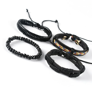 Men's retro multi-layer braided leather bracelet set with beads and colorful cords
