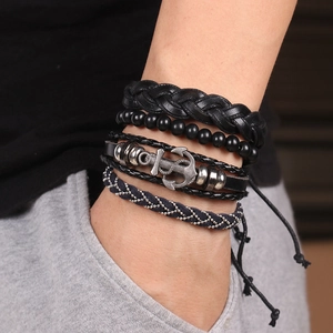 Set of 4 men's nautical leather bracelets featuring silver anchor and black beads