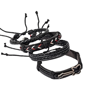 4-piece men's leather bracelet set with woven ropes and silver guitar charm decoration