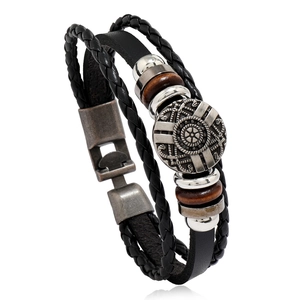Men's multi-layer woven black leather bracelet with vintage silver beads and gear accents