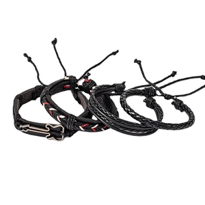 4-piece men's leather bracelet set featuring black woven straps and guitar metal charm