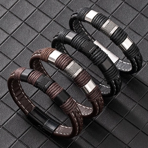 Retro Men's Woven Cowhide Leather Bracelet Alloy Magnetic Buckle Punk Style Unisex Wristband Jewelry Accessory Black Brown