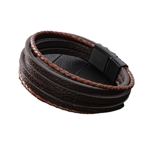 Men's multilayer brown braided leather bracelet with a black magnetic alloy buckle