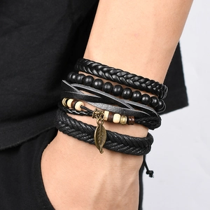 Mens multilayered black leather bracelet set with vintage leaf charm and wooden beads
