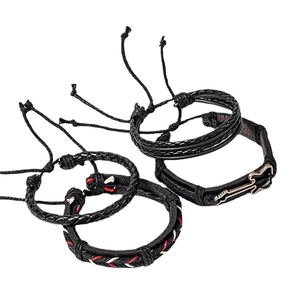 4-piece set of black woven leather bracelets with hip-hop guitar charm for men and women