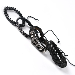 4-piece set of men's black braided leather bracelets with a vintage silver anchor charm