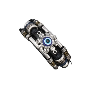 Bracciale occhio turco in pelle intrecciata con ciondolo a girasole e chiusura in acciaio