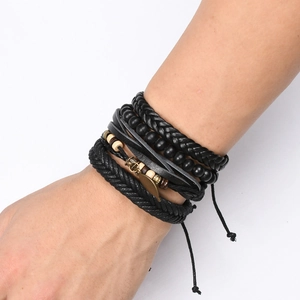Multilayer braided leather bracelet for men featuring a vintage bronze anchor pendant