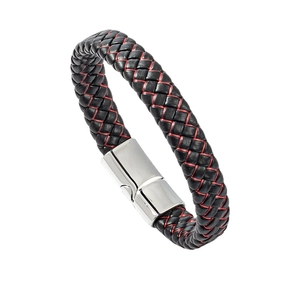 Geflochtenes Herrenarmband aus Leder mit roten Nähten und polierter Silber-Schnalle